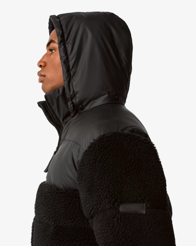 Men Wanderer Vegan Shearling Insulated Mid Puffer Jacket 8D4VJ613 Hunter Black