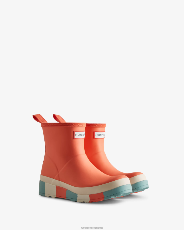 Women PLAY Short Striped Sole Rain Boots 8D4VJ183 Hunter Persimmon Pink/White Willow/Birdseye Blue